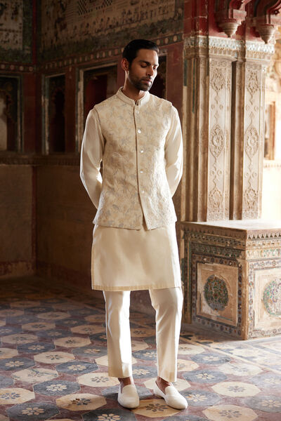 Aaman Embroidered Cord Silk Nehru Jacket - Ivory